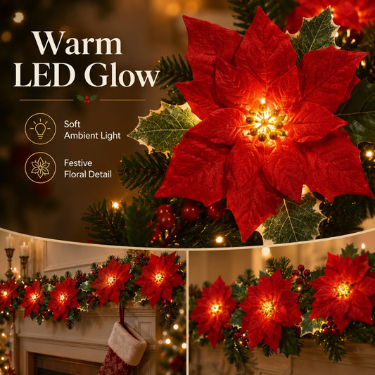 Sunnylume™ Poinsettia LED Garland Lights – Warm Christmas Floral String Lights for Trees, Mantels & Staircases-Huihui