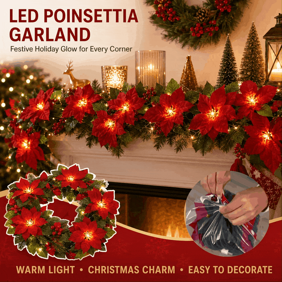Sunnylume™ Poinsettia LED Garland Lights – Warm Christmas Floral String Lights for Trees, Mantels & Staircases