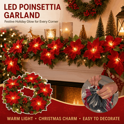Sunnylume™ Poinsettia LED Garland Lights – Warm Christmas Floral String Lights for Trees, Mantels & Staircases