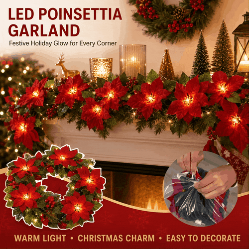 Sunnylume™ Poinsettia LED Garland Lights – Warm Christmas Floral String Lights for Trees, Mantels & Staircases