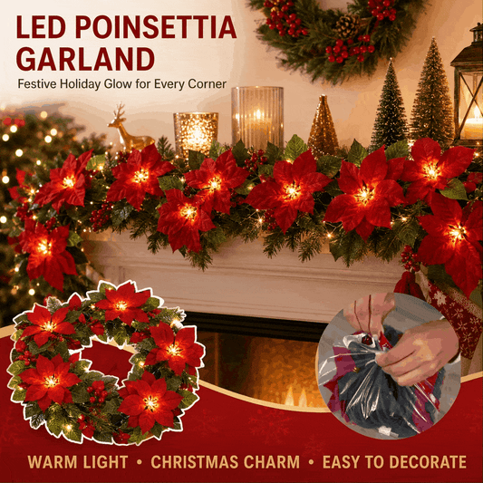 Sunnylume™ Poinsettia LED Garland Lights – Warm Christmas Floral String Lights for Trees, Mantels & Staircases-Huihui