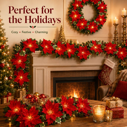 Sunnylume™ Poinsettia LED Garland Lights – Warm Christmas Floral String Lights for Trees, Mantels & Staircases