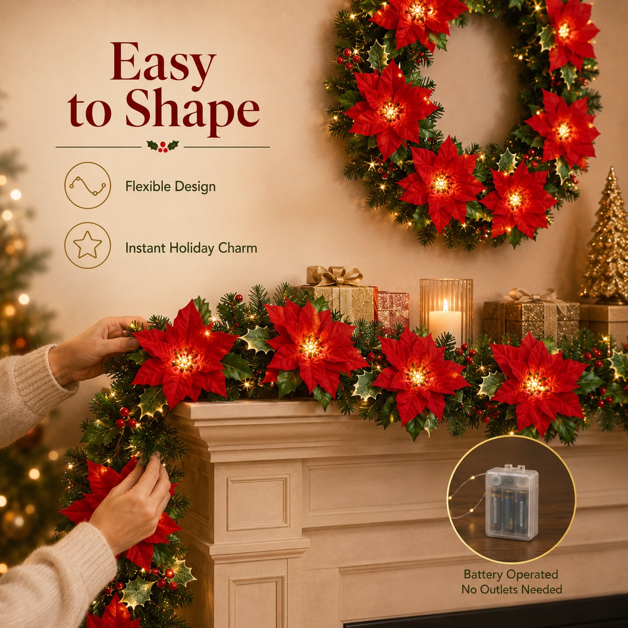 Sunnylume™ Poinsettia LED Garland Lights – Warm Christmas Floral String Lights for Trees, Mantels & Staircases