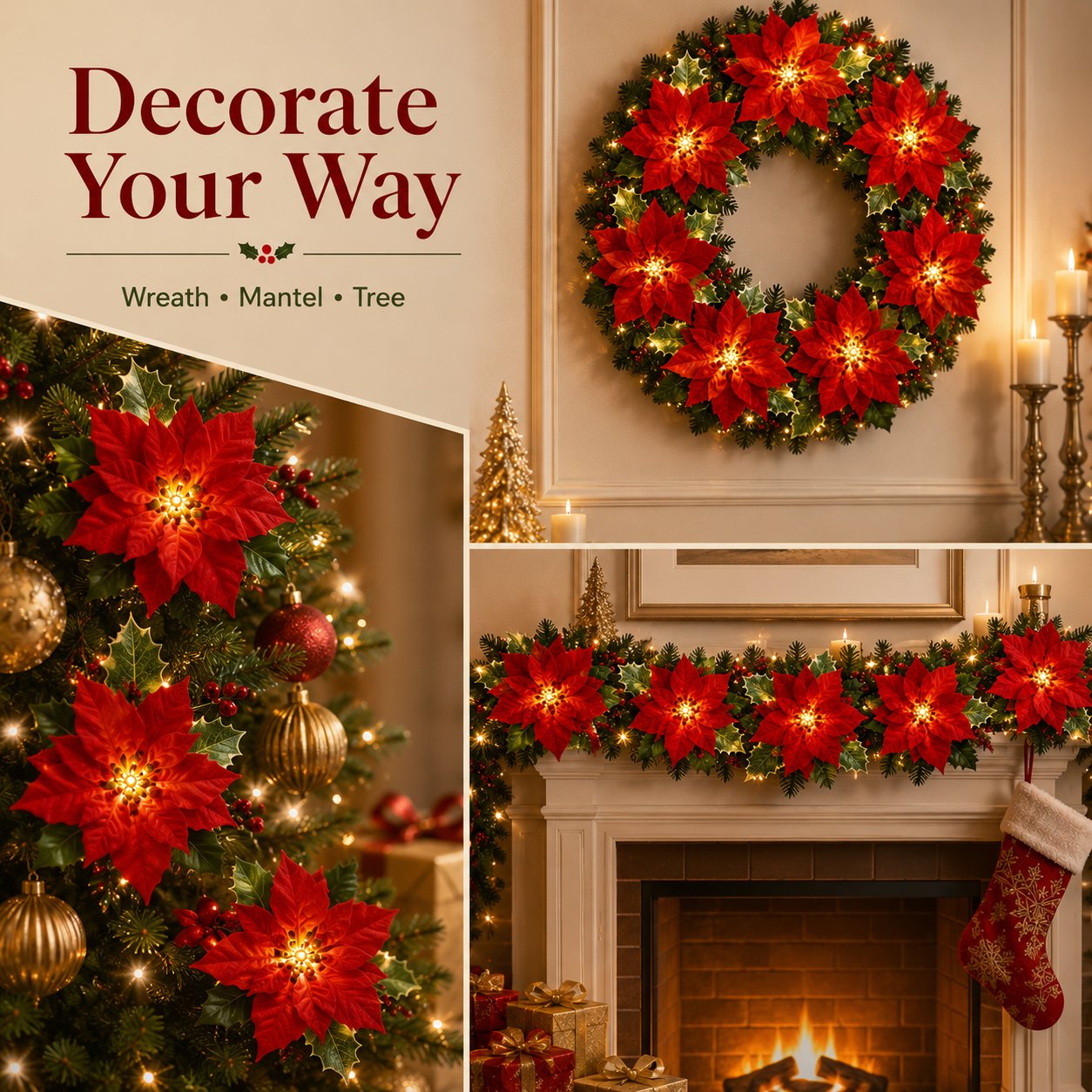Sunnylume™ Poinsettia LED Garland Lights – Warm Christmas Floral String Lights for Trees, Mantels & Staircases