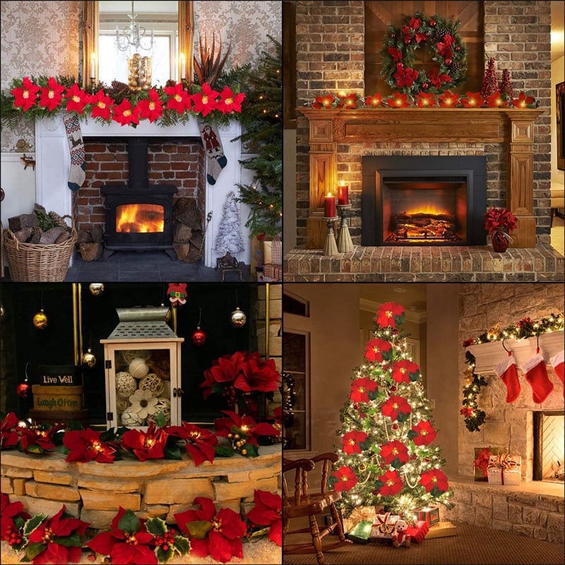 Sunnylume™ Poinsettia LED Garland Lights – Warm Christmas Floral String Lights for Trees, Mantels & Staircases
