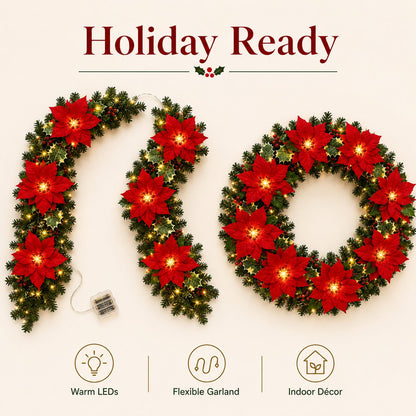 Sunnylume™ Poinsettia LED Garland Lights – Warm Christmas Floral String Lights for Trees, Mantels & Staircases