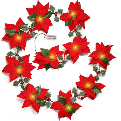Sunnylume™ Poinsettia LED Garland Lights – Warm Christmas Floral String Lights for Trees, Mantels & Staircases