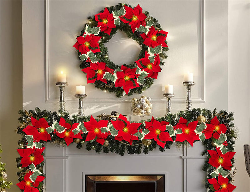 Sunnylume™ Poinsettia LED Garland Lights – Warm Christmas Floral String Lights for Trees, Mantels & Staircases