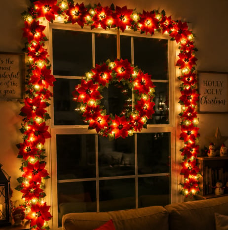 Sunnylume™ Poinsettia LED Garland Lights – Warm Christmas Floral String Lights for Trees, Mantels & Staircases